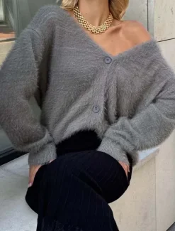 Women's Knit Fuzzy Oversized Cardigan V Neck Cardigan Fall Winter Work Elegant Streetwear Daily Long Sleeve Solid Color Brown Light Grey Women Cardigans & Outerwears