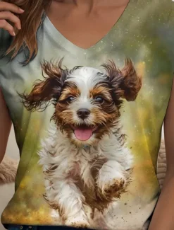 Women's Animal Dog Camisole Tank Top Vintage Stylish Modern Sleeveless Short Sleeve V Neck Regular Tops Daily Print Yellow Pink Purple Summer Spring Women Tank Tops & Camis