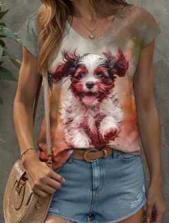 Women's Animal Dog Camisole Tank Top Vintage Stylish Modern Sleeveless Short Sleeve V Neck Regular Tops Daily Print Yellow Pink Purple Summer Spring Women Tank Tops & Camis