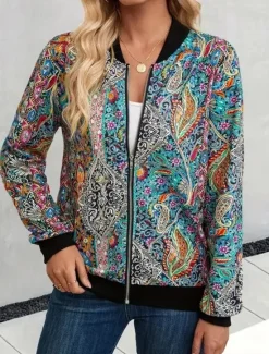 Discount Women's Bomber Jacket Warm Quick Dry Zipper Pocket Elegant Fashion Daily Simple Floral Vacation Casual Daily Holiday Regular Baseball Collar Regular Fit Long Sleeve Outerwear Black Green Fall Women Jackets