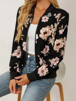 Discount Women's Bomber Jacket Warm Quick Dry Zipper Pocket Elegant Fashion Daily Simple Floral Vacation Casual Daily Holiday Regular Baseball Collar Regular Fit Long Sleeve Outerwear Black Green Fall Women Jackets