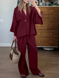 Online Women's 100% Cooton Elegant Vacation Vintage Pants Sets Long Sleeve Bell Sleeve V Neck Plain Vacation Casual Holiday Summer Loose Fit Women Sets