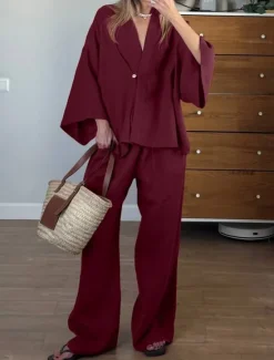 Online Women's 100% Cooton Elegant Vacation Vintage Pants Sets Long Sleeve Bell Sleeve V Neck Plain Vacation Casual Holiday Summer Loose Fit Women Sets
