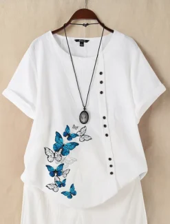 Online Women's 100% Cotton Shirt Button Print Daily Linen Like Elegant Short Sleeve Crew Neck White Summer Women Shirts