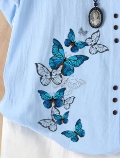Online Women's 100% Cotton Shirt Button Print Daily Linen Like Elegant Short Sleeve Crew Neck White Summer Women Shirts