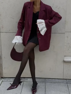 Discount Women's 100% Cotton Blazer Breathable Ruffle Patchwork Stripe Elegant Vintage Sweet Stripes Vacation Party Casual Daily Single Breasted Long Notch Lapel Loose Fit Long Sleeve Outerwear Burgundy Gra Women Blazers & Suits