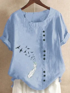Outlet Women's 100% Cotton Blouse Graphic Animal Vintage Casual Short Sleeve Crew Neck Regular Tops Daily Going out Buttons Print White Light Green Pink Blue Purple Summer Spring Women Shirts
