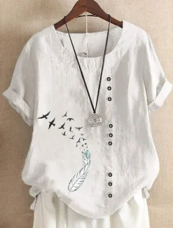 Outlet Women's 100% Cotton Blouse Graphic Animal Vintage Casual Short Sleeve Crew Neck Regular Tops Daily Going out Buttons Print White Light Green Pink Blue Purple Summer Spring Women Shirts