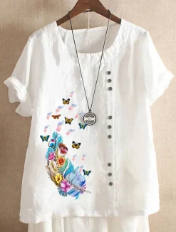 Outlet Women's 100% Cotton Blouse Graphic Butterfly Vintage Casual Short Sleeve Crew Neck Regular Tops Daily Going out Buttons Print Maroon White Pink Purple Summer Spring Women Shirts
