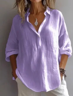 Outlet Women's 100% Cotton Blouse Solid Color Basic Casual Long Sleeve Shirt Collar Regular Tops Daily Buttons White Pink Purple Green Summer Women Shirts
