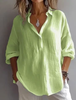 Outlet Women's 100% Cotton Blouse Solid Color Basic Casual Long Sleeve Shirt Collar Regular Tops Daily Buttons White Pink Purple Green Summer Women Shirts