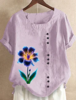 Women's 100% Cotton Blouse Vintage Casual Crew Neck Daily Going out Buttons Print Maroon Grass Green White Purple Women Shirts