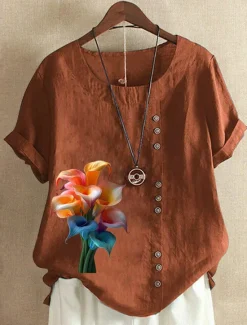 Online Women's 100% Cotton Blouse Vintage Casual Crew Neck Daily Going out Buttons Print Maroon Grass Green Navy Blue Blue Purple Women Shirts