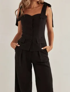 Sale Women's 100% Cotton Elegant Fashion Daily Pants Sets Sleeveless Strap Solid Color Lace up Bow Casual Daily Summer Loose Fit Women Sets