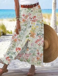 Hot Women's Cotton Linen Skirts Fashion Casual Maxi High Waist Skirts Floral Print Split Ends Casual Daily Light Pink Yellow Pink Blue Summer Women Dresses