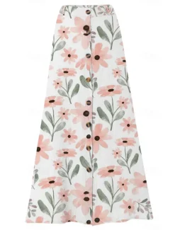 Hot Women's Cotton Linen Skirts Fashion Casual Maxi High Waist Skirts Floral Print Split Ends Casual Daily Light Pink Yellow Pink Blue Summer Women Dresses