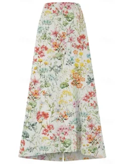 Hot Women's Cotton Linen Skirts Fashion Casual Maxi High Waist Skirts Floral Print Split Ends Casual Daily Light Pink Yellow Pink Blue Summer Women Dresses