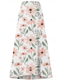 Hot Women's Cotton Linen Skirts Fashion Casual Maxi High Waist Skirts Floral Print Split Ends Casual Daily Light Pink Yellow Pink Blue Summer Women Dresses