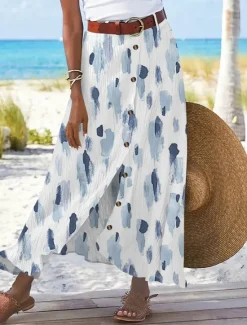 Hot Women's Cotton Linen Skirts Fashion Casual Maxi High Waist Skirts Floral Print Split Ends Casual Daily Light Pink Yellow Pink Blue Summer Women Dresses