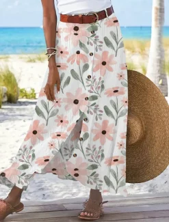 Hot Women's Cotton Linen Skirts Fashion Casual Maxi High Waist Skirts Floral Print Split Ends Casual Daily Light Pink Yellow Pink Blue Summer Women Dresses