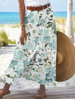 Hot Women's Cotton Linen Skirts Fashion Casual Maxi High Waist Skirts Floral Print Split Ends Casual Daily Light Pink Yellow Pink Blue Summer Women Dresses