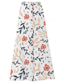 Hot Women's Cotton Linen Skirts Fashion Casual Maxi High Waist Skirts Floral Print Split Ends Casual Daily Light Pink Yellow Pink Blue Summer Women Dresses