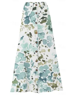 Hot Women's Cotton Linen Skirts Fashion Casual Maxi High Waist Skirts Floral Print Split Ends Casual Daily Light Pink Yellow Pink Blue Summer Women Dresses