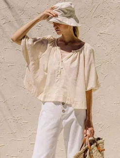 Women's 100% Cotton Shirt Blouse Plain Elegant Vintage Daily Half Sleeve Lantern Sleeve Crew Neck V Neck Regular Tops Daily Holiday Going out Ruched White Apricot Summer Spring Fall Women Shirts