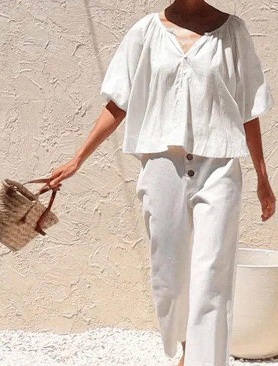 Women's 100% Cotton Shirt Blouse Plain Elegant Vintage Daily Half Sleeve Lantern Sleeve Crew Neck V Neck Regular Tops Daily Holiday Going out Ruched White Apricot Summer Spring Fall Women Shirts