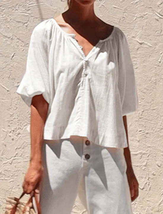 Women's 100% Cotton Shirt Blouse Plain Elegant Vintage Daily Half Sleeve Lantern Sleeve Crew Neck V Neck Regular Tops Daily Holiday Going out Ruched White Apricot Summer Spring Fall Women Shirts