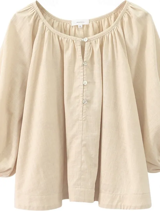 Women's 100% Cotton Shirt Blouse Plain Elegant Vintage Daily Half Sleeve Lantern Sleeve Crew Neck V Neck Regular Tops Daily Holiday Going out Ruched White Apricot Summer Spring Fall Women Shirts