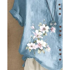 Outlet Women's 100% Cotton Shirt Blouse Floral Linen Vintage Casual Short Sleeve Crew Neck Regular Tops Daily Going out Buttons Print Summer Spring Women Shirts