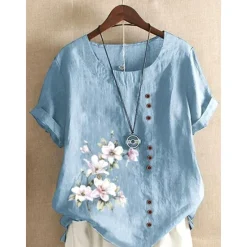 Outlet Women's 100% Cotton Shirt Blouse Floral Linen Vintage Casual Short Sleeve Crew Neck Regular Tops Daily Going out Buttons Print Summer Spring Women Shirts