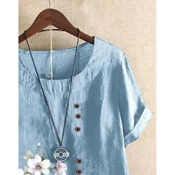 Outlet Women's 100% Cotton Shirt Blouse Floral Linen Vintage Casual Short Sleeve Crew Neck Regular Tops Daily Going out Buttons Print Summer Spring Women Shirts