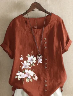 Sale Women's 100% Cotton Shirt Floral Streetwear Short Sleeve Crewneck Regular Tops Linen Vacation Daily Going out Buttons Print Navy Blue Blue Army Green Light Blue Coffee Summer Spring Women Shirts