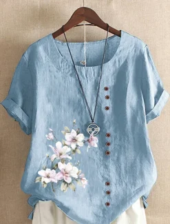 Sale Women's 100% Cotton Shirt Floral Streetwear Short Sleeve Crewneck Regular Tops Linen Vacation Daily Going out Buttons Print Navy Blue Blue Army Green Light Blue Coffee Summer Spring Women Shirts