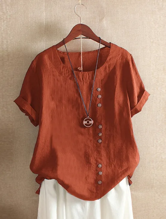 Discount Women's 100% Cotton Shirt Patchwork Casual Daily Weekend Solid Casual Linen Like Short Sleeve Crew Neck Round Neck White Summer Spring Women Shirts