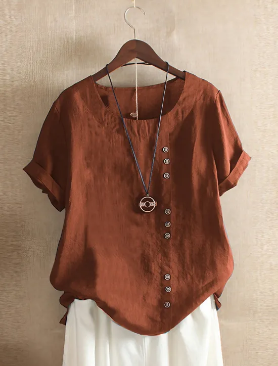 Discount Women's 100% Cotton Shirt Patchwork Casual Daily Weekend Solid Casual Linen Like Short Sleeve Crew Neck Round Neck White Summer Spring Women Shirts