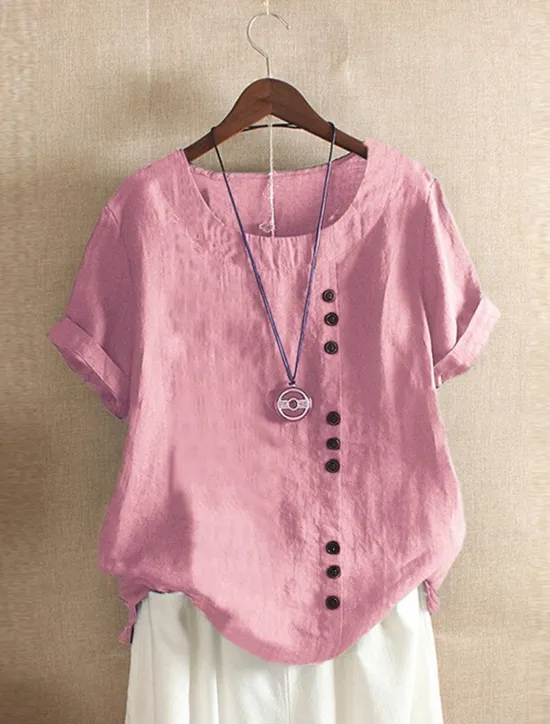 Discount Women's 100% Cotton Shirt Patchwork Casual Daily Weekend Solid Casual Linen Like Short Sleeve Crew Neck Round Neck White Summer Spring Women Shirts