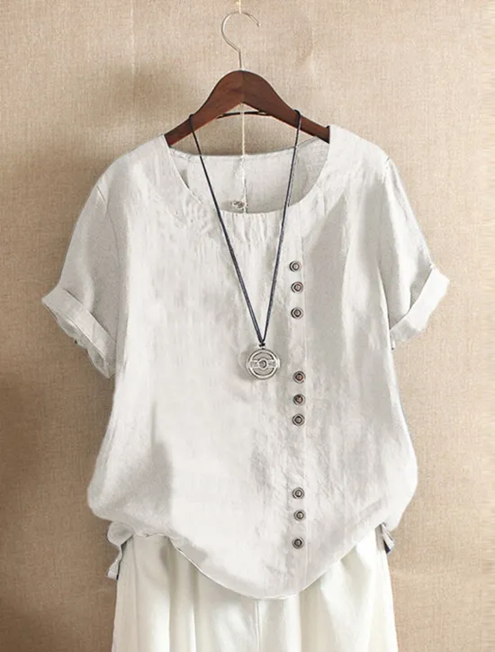 Discount Women's 100% Cotton Shirt Patchwork Casual Daily Weekend Solid Casual Linen Like Short Sleeve Crew Neck Round Neck White Summer Spring Women Shirts