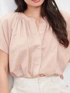 Sale Women's 100% Cotton Shirt Plain Elegant Vintage Cute Short Sleeve Batwing Sleeve Crew Neck Regular Tops Work Daily Holiday Ruched White Pink Summer Spring Women Shirts