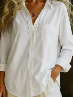 Outlet Women's 100% Cotton Shirt Solid Color Bohemia Vintage Daily Long Sleeve Shirt Collar Regular Tops Daily Holiday Pocket White Pink Red Blue Purple Spring, Fall, Winter, Women Shirts
