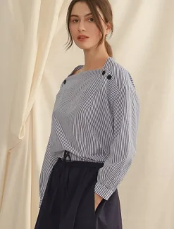 Hot Women's 100% Cotton Shirt Striped Elegant Vintage Daily Long Sleeve Bishop Sleeve Square Neck Regular Tops Work Daily Holiday Buttons Asymmetric Summer Spring Fall Women Tank Tops & Camis