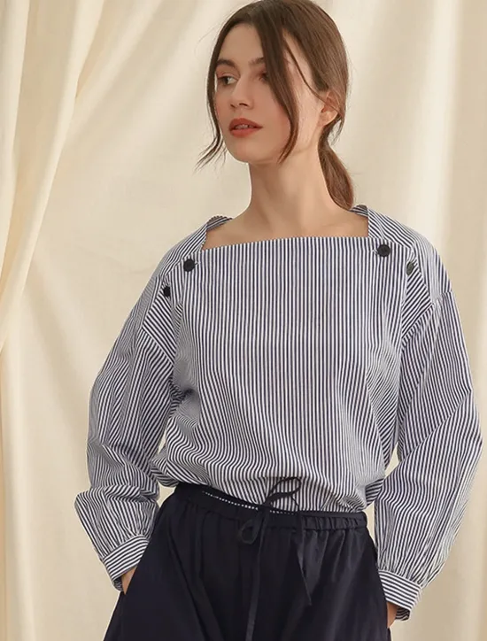 Hot Women's 100% Cotton Shirt Striped Elegant Vintage Daily Long Sleeve Bishop Sleeve Square Neck Regular Tops Work Daily Holiday Buttons Asymmetric Summer Spring Fall Women Tank Tops & Camis