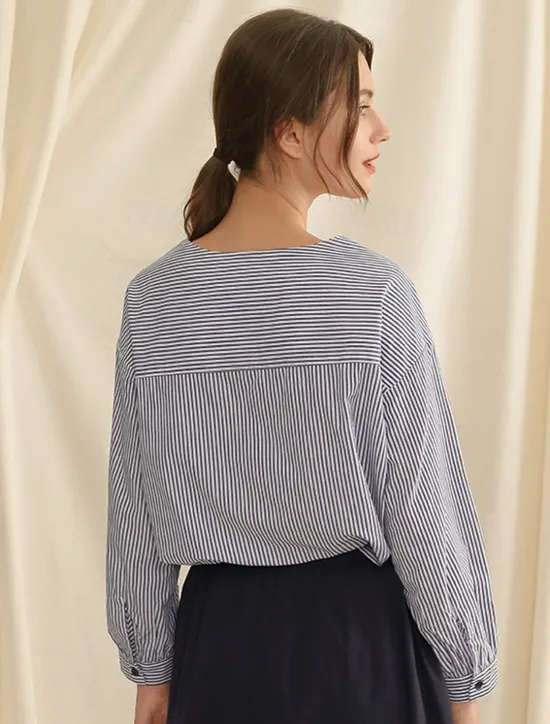 Hot Women's 100% Cotton Shirt Striped Elegant Vintage Daily Long Sleeve Bishop Sleeve Square Neck Regular Tops Work Daily Holiday Buttons Asymmetric Summer Spring Fall Women Tank Tops & Camis