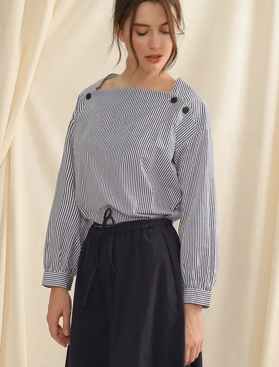 Hot Women's 100% Cotton Shirt Striped Elegant Vintage Daily Long Sleeve Bishop Sleeve Square Neck Regular Tops Work Daily Holiday Buttons Asymmetric Summer Spring Fall Women Tank Tops & Camis