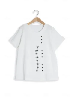New Women's 100% Cotton Shirt Tunic Short Sleeve Crew Neck Summer Linen Like Women Shirts