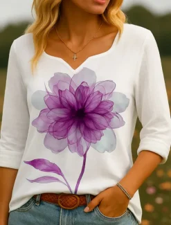 Sale Women's 100% Cotton Shirts Floral Graphic Vintage Tropical Stylish 3/4 Length Sleeve Crew Neck Asymmetrical Square Neck Regular Tops Daily Holiday Red Blue Purple Green Summer Spring Women Shirts