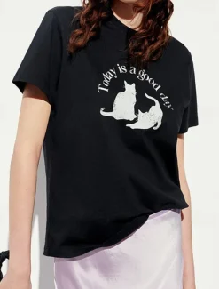 Women's 100% Cotton T Shirt Animal Cat Letter Stylish Basic Modern Short Sleeve Crew Neck Regular Tops Daily Sports Going out Print Black White Spring, Fall, Winter, Summer Women Women's Tops|T-Shirts