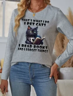 New Women's 100% Cotton T Shirt Casual Cat Letter Regular Tops Long Sleeve Round Neck Print Regular Fit Daily Weekend Blue Beige Gray Fall Winter Women T-Shirts